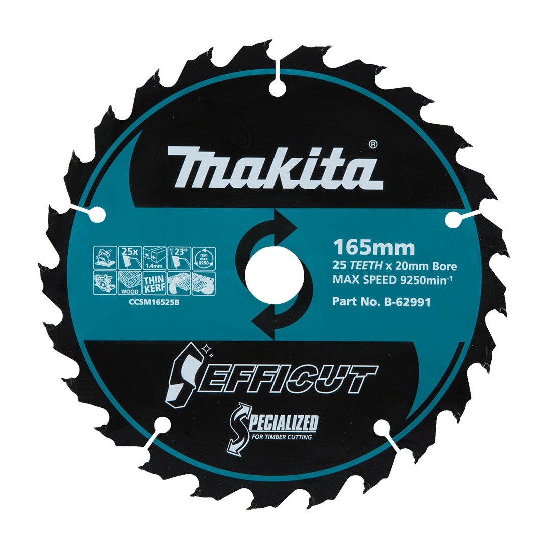 Makita EFFICUT 165mm 20mm 25T Wood Cutting Blade B-62991 tool-junction-nz
