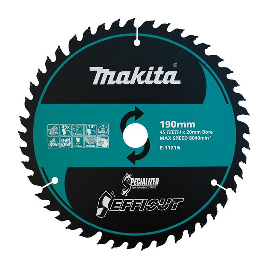 Makita EFFICUT 190mm 20mm 45T Wood Cutting Blade E-11215 tool-junction-nz