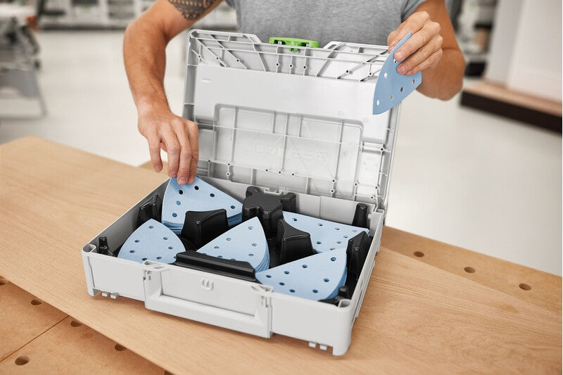 Festool Delta sandpaper assortment abrasives organized in a Systainer