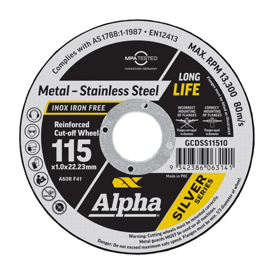 Alpha Maxabrase Cutting Disc - Inox Stainless 115 x 1.0mm Silver Series
