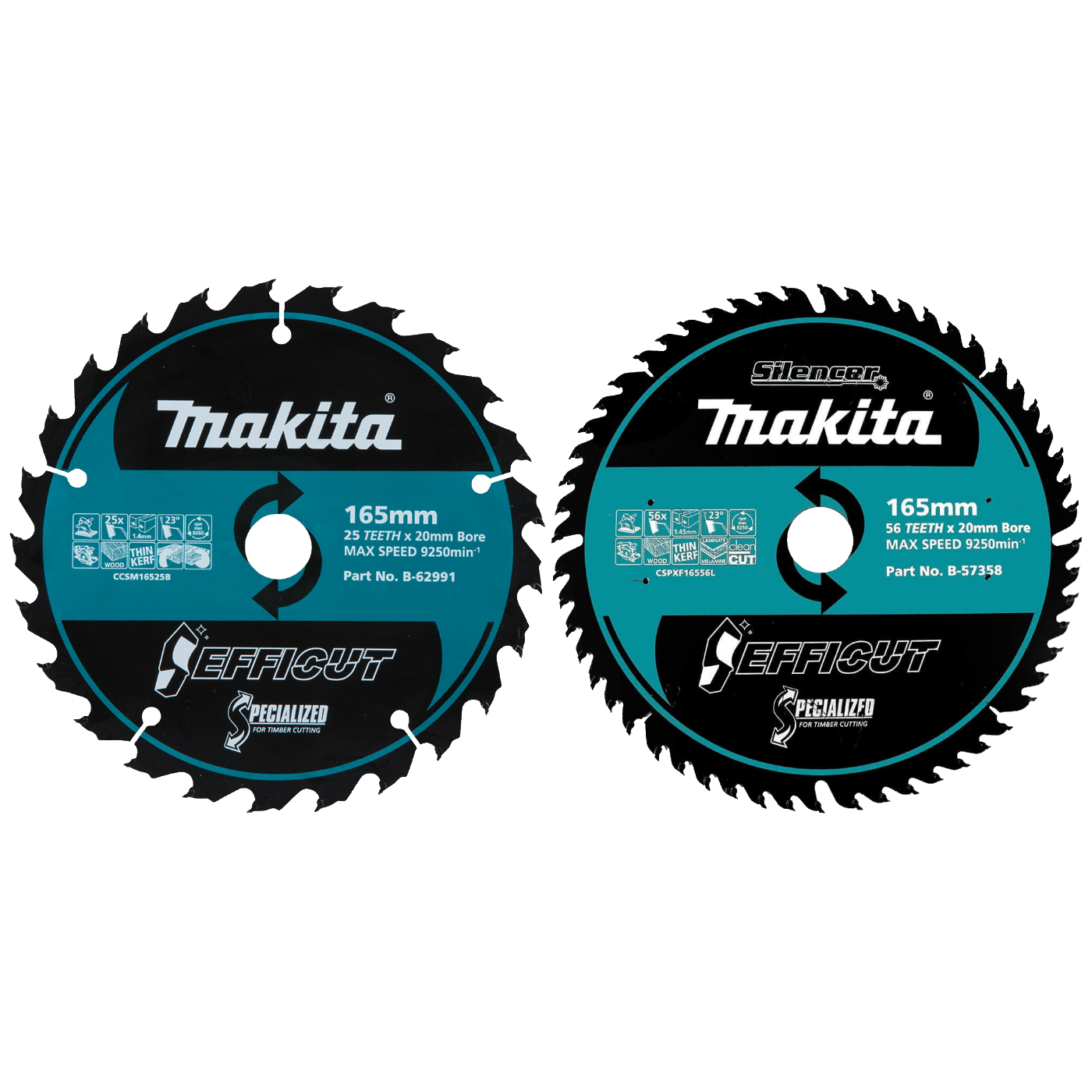 Makita Twin Pack EFFICUT 165mm 20mm 60T 56T Wood Cutting Blade