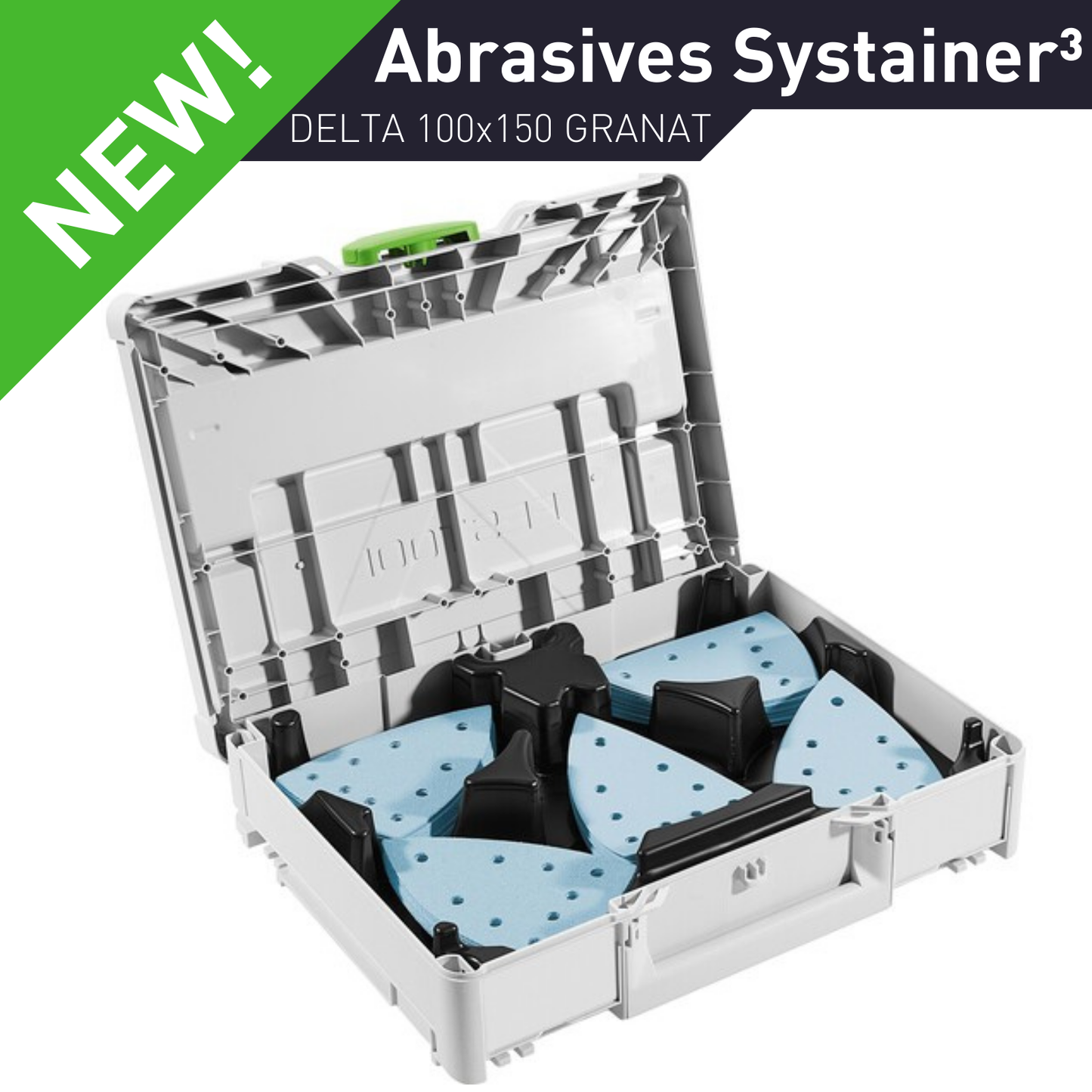 Festool Delta sandpaper assortment abrasives organized in a Systainer