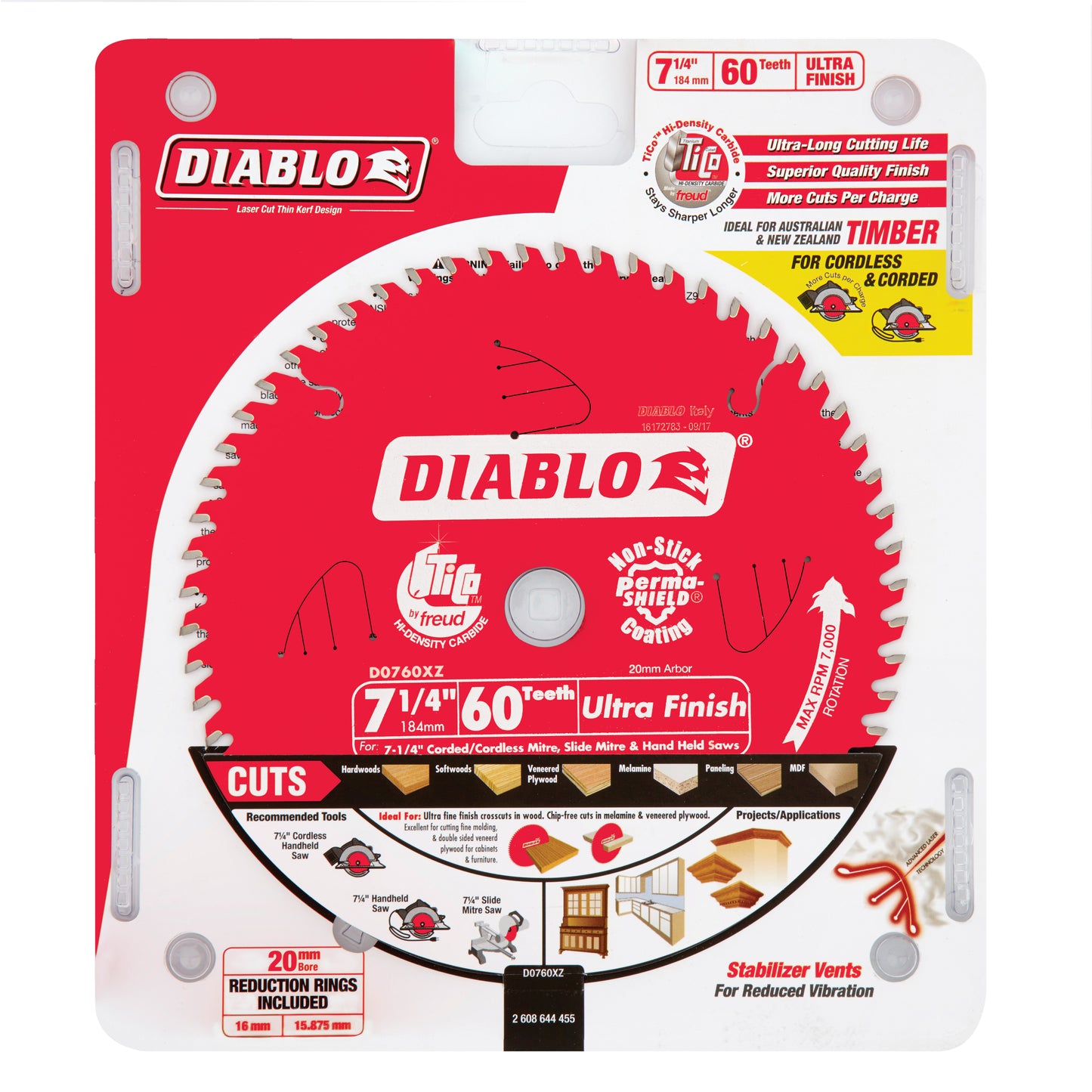 Diablo 7.25 in. / 184mm 60T Ultra Finish Saw Blade tool-junction-nz