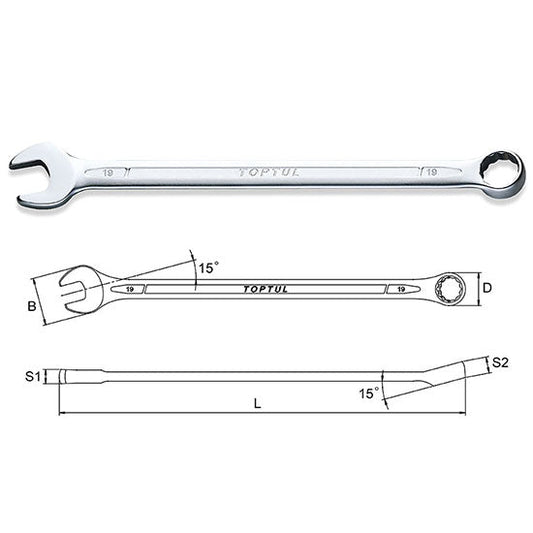 EXTRA LONG COMBINATION WRENCH 15° OFFSET - 10mm - 19 mm