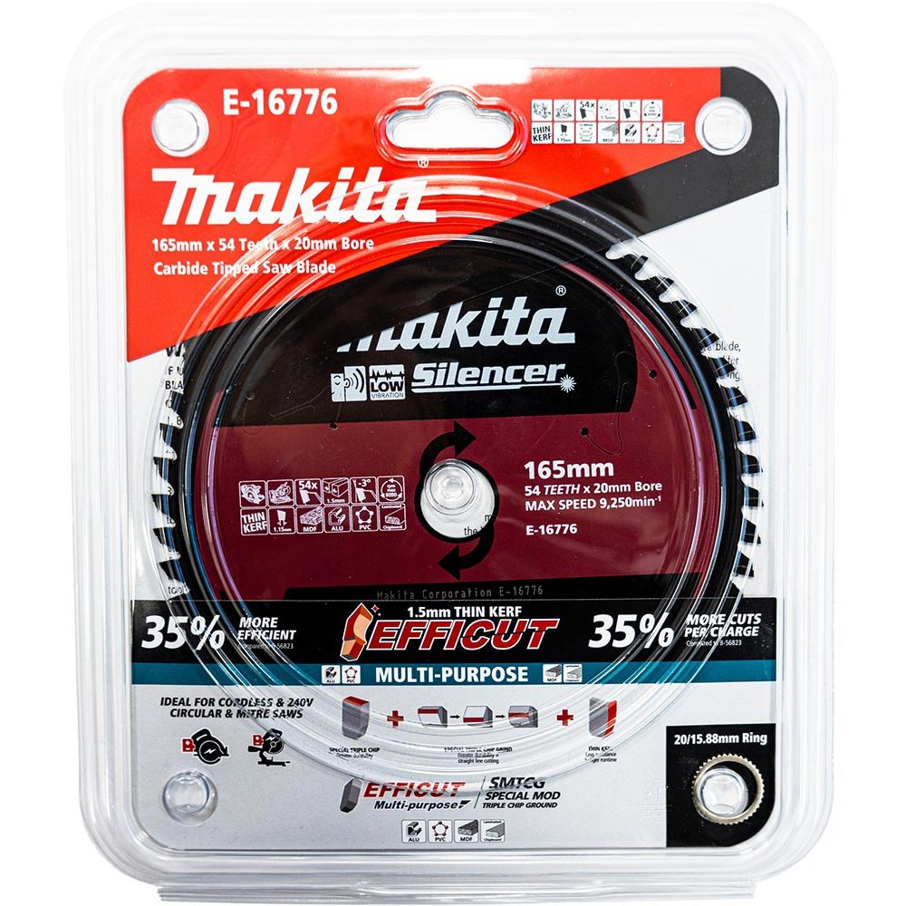 Makita EFFICUT 165mm 20/15.6mm 54T -3° Triple Chip Multi-Purpose Blade E-16776 tool-junction-nz