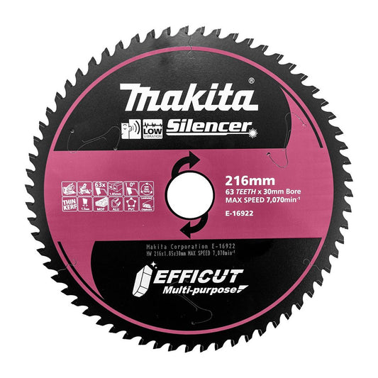 Makita EFFICUT 216mm 30/25.4mm 63T 0° Triple Chip Multi-Purpose Blade E-16922 tool-junction-nz