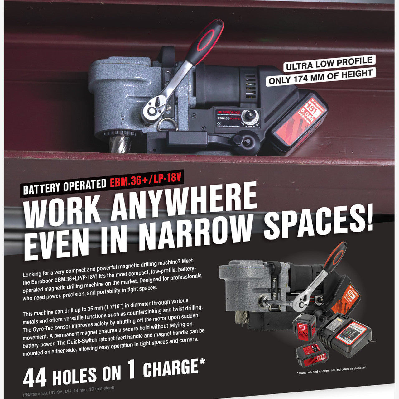 Euroboor Low Profile Cordless Magnetic Drill EBM.36+LP ( Skin Only) Makita Battery Compatible