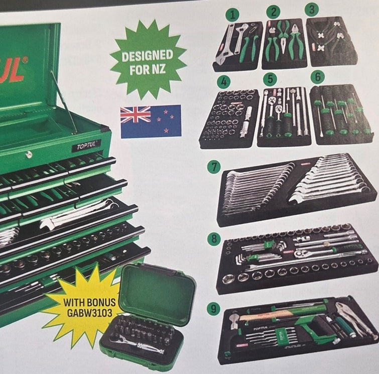 Toptul Tool Kit 186pc w/ 9 Drawer GREEN Top Tool Box SAE/MM (gcbz186a)