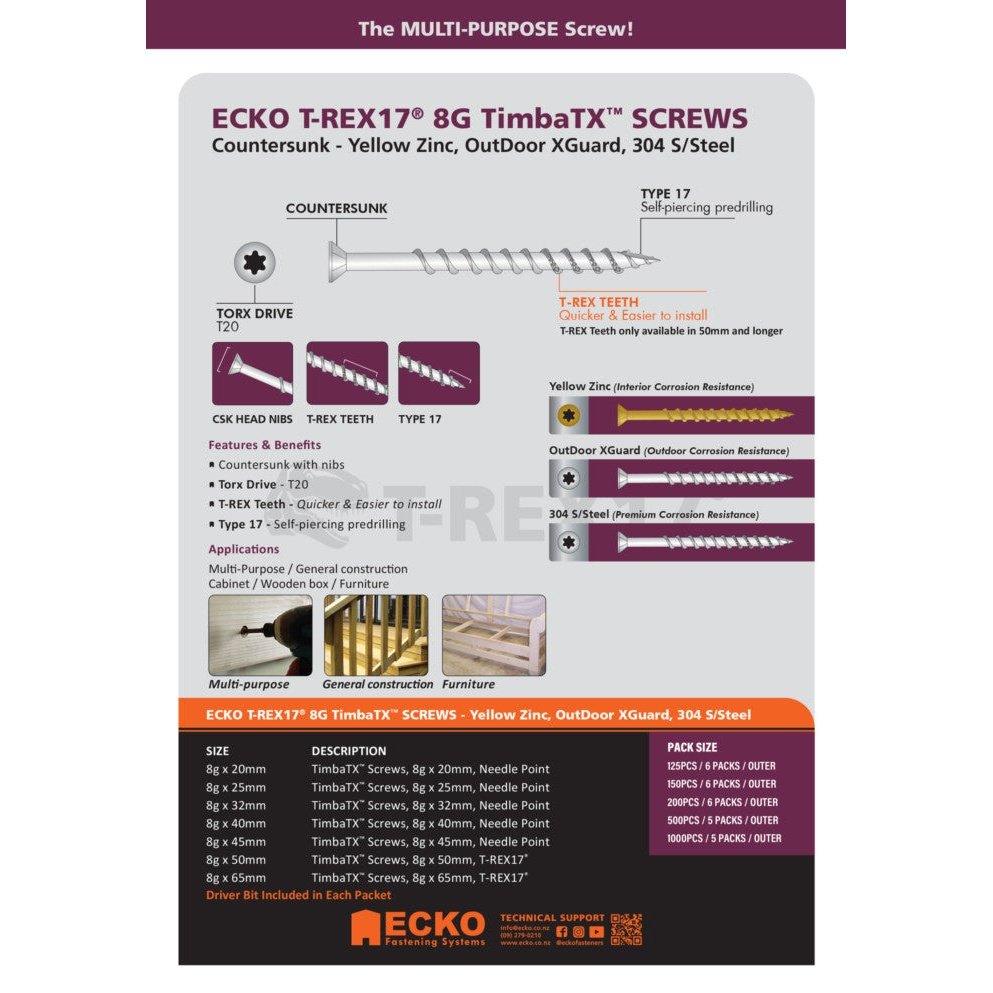 TimbaTX Screw SS304 T-REX17 8Gx50 125-500 Pk tool-junction-nz