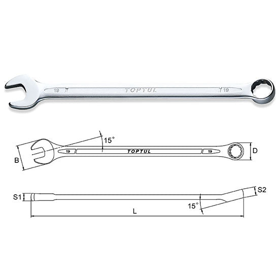 Long Offset Socket Toptul EXTRA LONG COMBINATION WRENCH 15° OFFSET - 10mm - 19 mm