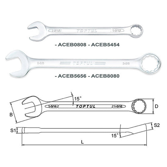 STANDARD COMBINATION WRENCH 15Â° OFFSET - SAE 1/4" - 2 1/2"