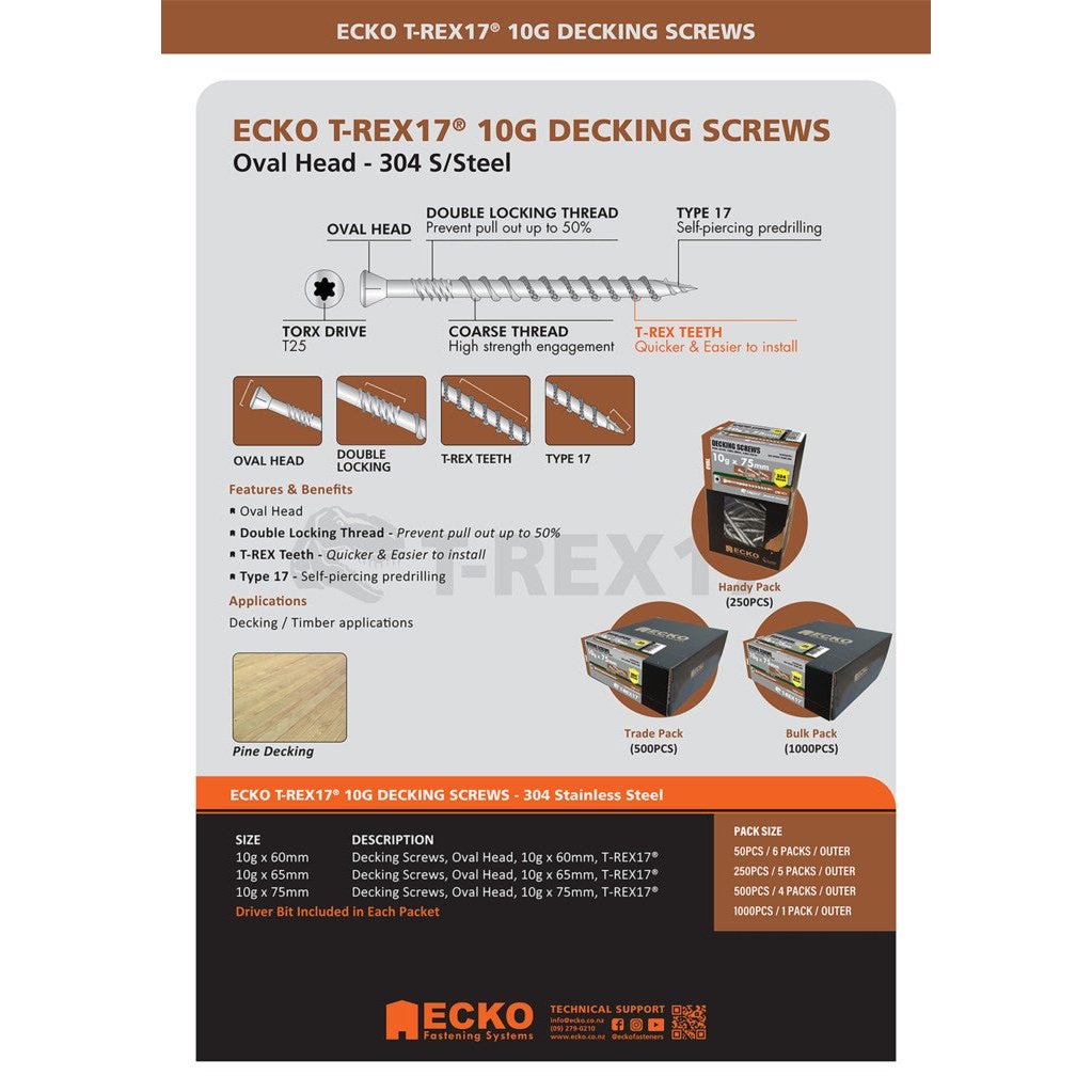 Decking Screw Oval Head SS304 10Gx65 T-REX17 (50-1000 Pk)